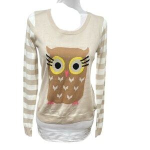 Love By Design Owl Sweater SZ S Cream White